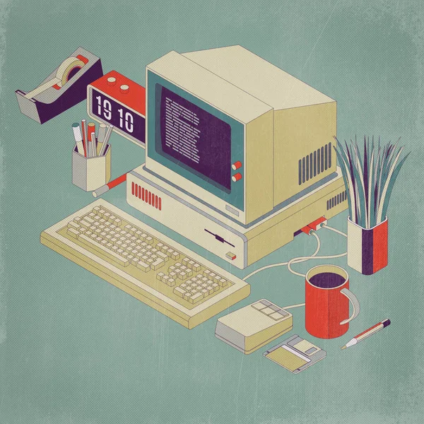 Alter Veralteter Desktop Mit Maus Tastatur Und Diskette Isometrische Illustration — Stockfoto