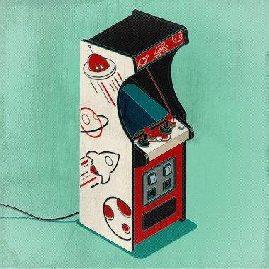 Uzay dekorasyonlu renkli atari makinesi, antika video oyunları konsepti, 3 boyutlu illüstrasyon
