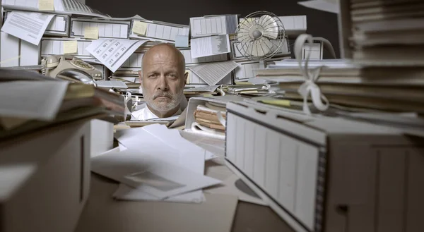 Disappointed Stressed Businessman Overwhelmed Paperwork Stressed Looking Camera — Stock Photo, Image