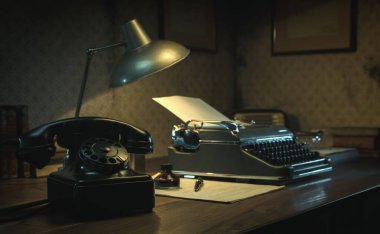 Antika daktilolu ofis masası, 1950 'lerin kara film tarzı.