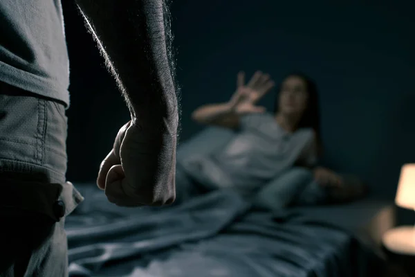 Man Threatening Woman Bedroom She Scared Lying Bed Domestic Violence — Stock Photo, Image