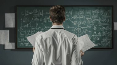 Genç matematikçi ve araştırmacı tahtada matematik formülleri üzerinde çalışıyor.