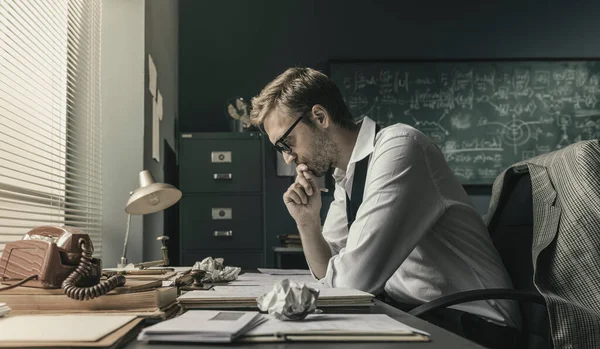 Brilliant Young Mathematician Sitting Office Desk Reviewing His Papers Focused — Stock Photo, Image