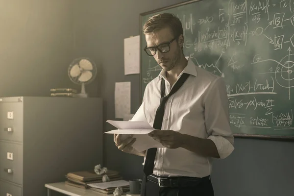 Confident Mathematical Researcher Checking Papers Studying New Formulas His Office — Stock Photo, Image