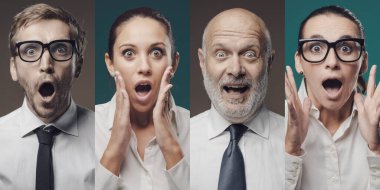 Şok olmuş iş adamları bağırıyor, panikliyor, fotoğraf kolajı yapıyor.