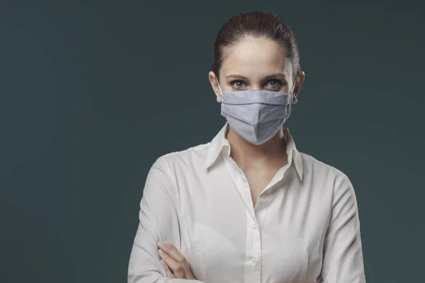 Young Woman Wearing Reusable Cloth Face Mask Coronavirus Covid Prevention — Stock Photo, Image