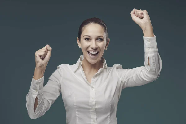 Cheerful Young Businesswoman Celebrating Her Success Raised Fists — Stock Photo, Image