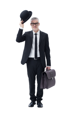 Elinde evrak çantası olan koyu renk takım elbiseli bir işadamı melon şapkasını takıp selam veriyor..