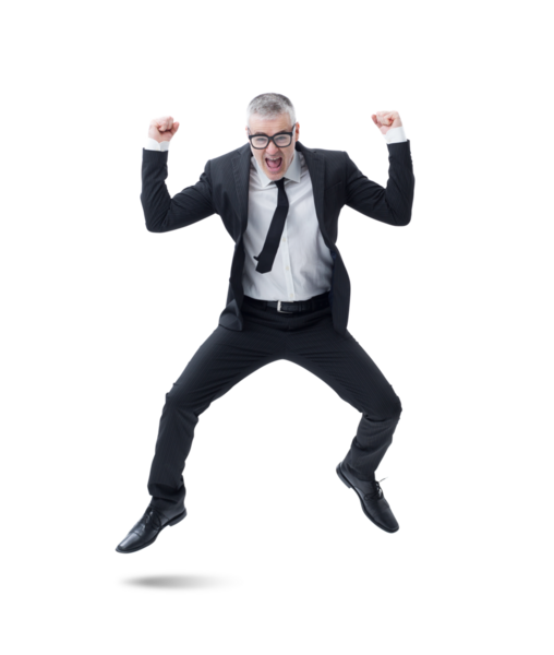 Koyu takım elbiseli bir işadamı başarısını kutlarken sevinçle atlıyor..