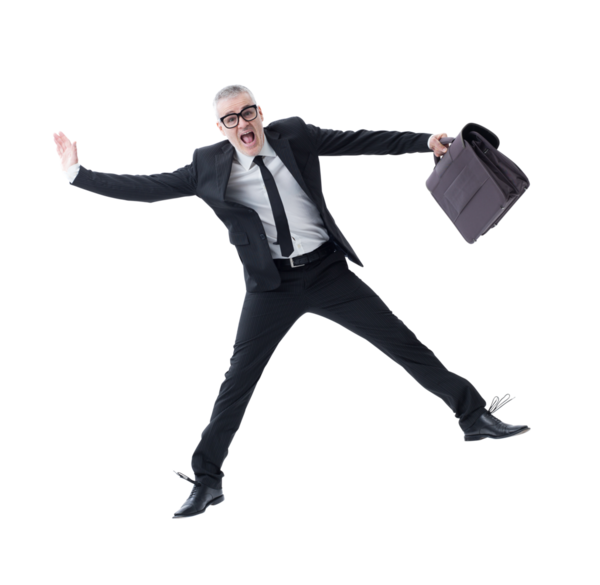 Elinde evrak çantası olan bir işadamı, boşluğa düşerken korkudan çığlık atıyor, beyaz bir arka planda izole halde..