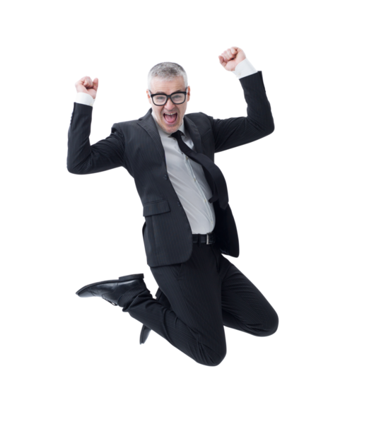 Koyu takım elbiseli bir işadamı başarısını kutlarken sevinçle atlıyor..