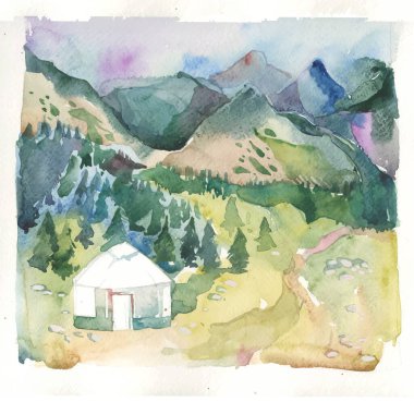 Ev manzarası, suluboya çizimi. Soyut suluboya tablo manzara kağıt üzerinde köy manzaralı tepe dağ güzellik bahar mevsiminde, vahşi yaşam, sabah gökyüzü arka planında sis