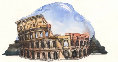 Roma 'daki Kolezyum' un suluboya çizimi. El çizimi İtalyan manzarası