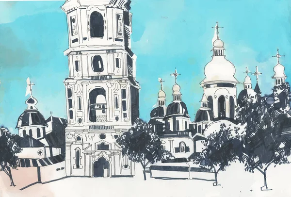 에프에는 교회와 있으며 하늘을 손으로 스케치 방식으로 배경에 키예프 수도원들 — 스톡 사진