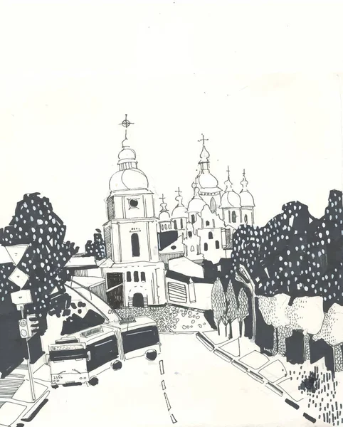 Стара Єврозова Міська Вулиця Церквами Парком Задньому Плані Стилі Креслення — стокове фото