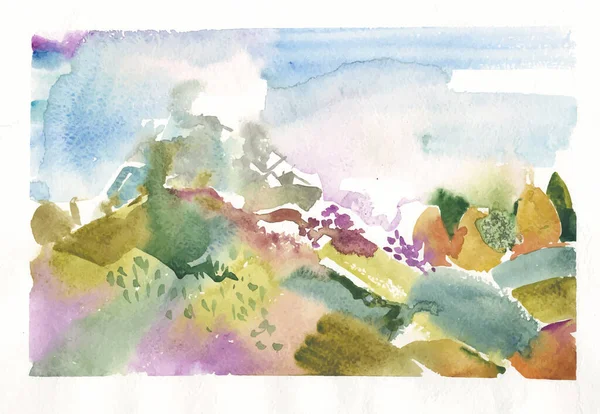 Landscape with flowers, watercolor illustration. Abstract watercolor painting landscape on paper colorful of forest view on hill mountain in the beauty spring season, wild life, fog in morning sky background