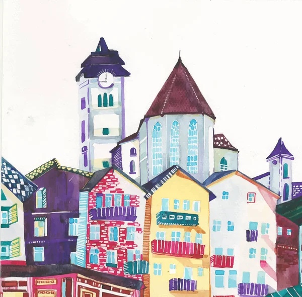 Colorful Acrylic Painting Roofs Houses European Street Art Impressionism Isolated — Stock Photo, Image