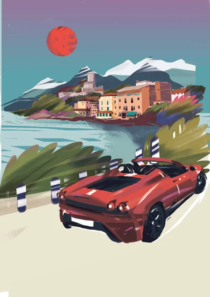 Romantico Paesaggio Rurale Giornata Sole Italia Con Cabriolet Rosso Mare — Foto Stock