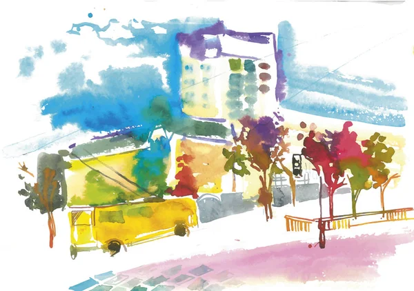 Watercolor elements of urban design, houses, cars, illustration. watercolor street sight illustration. Kiev city. Ukraine