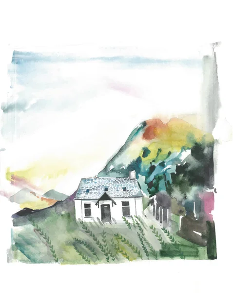 Landscape with house, watercolor illustration. Abstract watercolor painting landscape on paper colorful of village view on hill mountain in the beauty winter season,wild life,fog in morning sky background