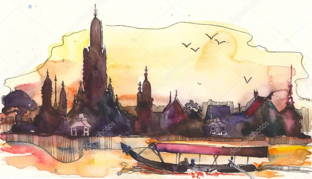 Silhouette illustration of people on gondola in Venice. watercolor illustration. sunrise