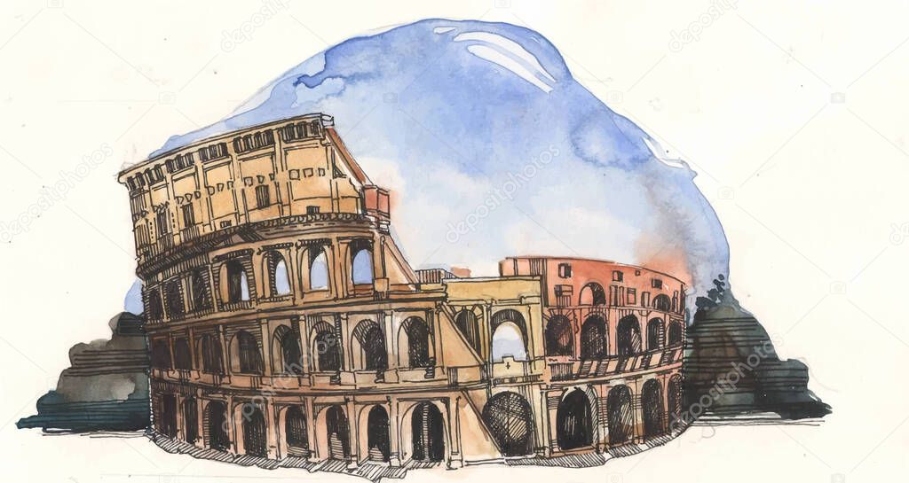 watercolor drawing of Coliseum in Rome. Hand drawn Italian sightseeing