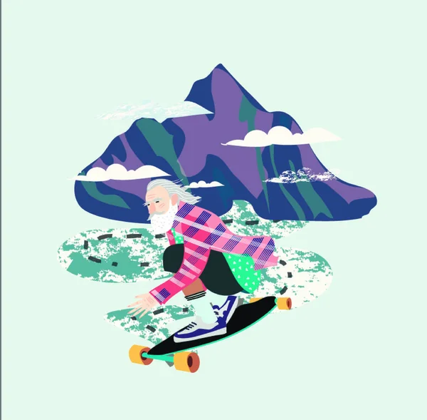 caucasian old bearded man is riding skateboard on a country road in front mountain at high speed isolated illustration