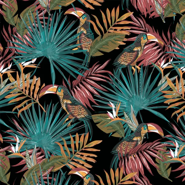 Tropical bird toucan on the background exotic flower hibiscus and palm leaf. Print summer floral plant. Nature animals wallpaper. Seamless vector pattern