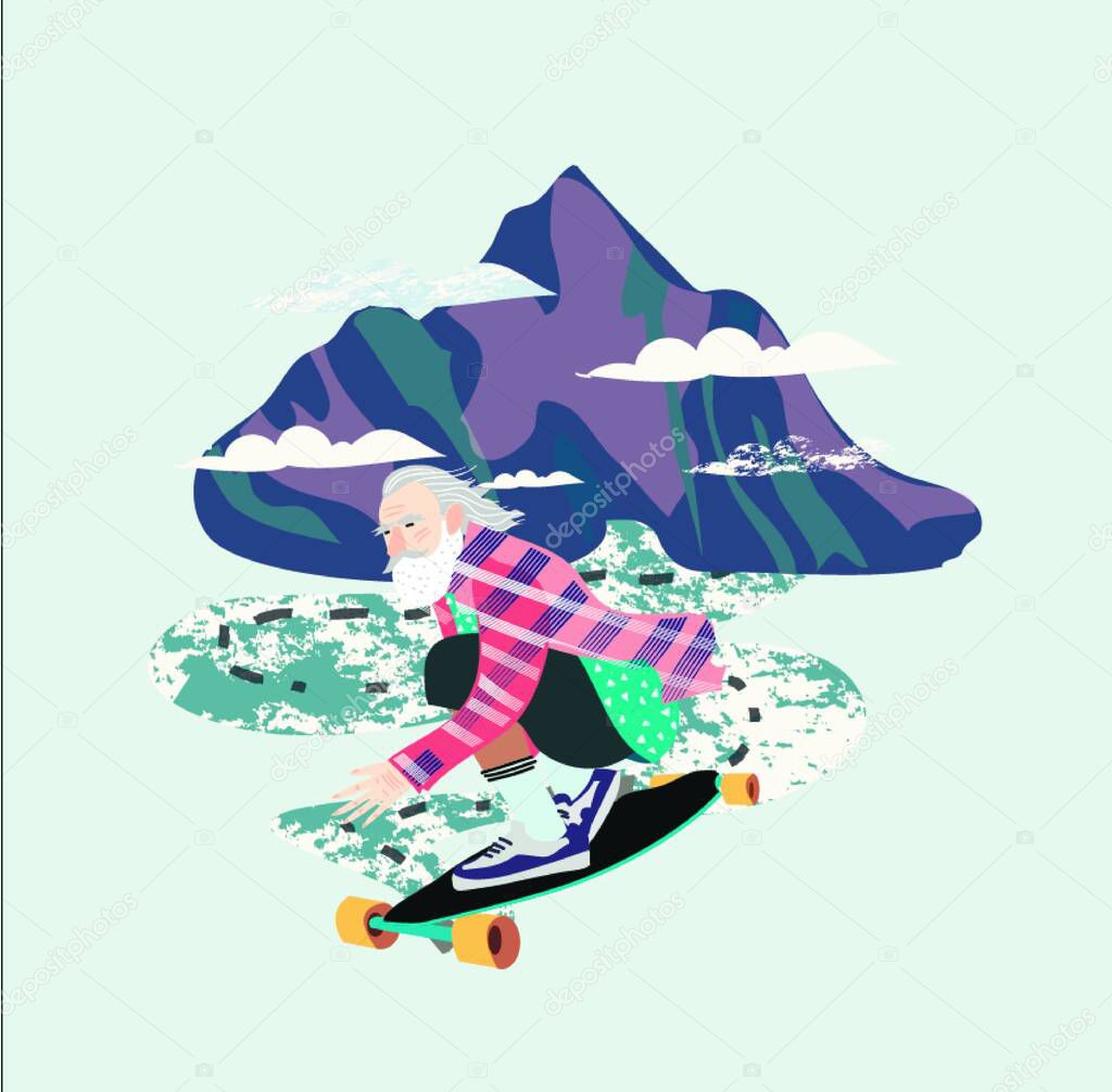 caucasian old bearded man is riding skateboard on a country road in front mountain at high speed isolated illustration