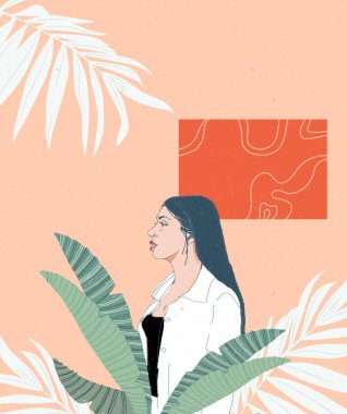 Şeftali arka planında izole edilmiş taze havada tropikal taç yaprakları olan uzun saçlı genç bir kadın profili.