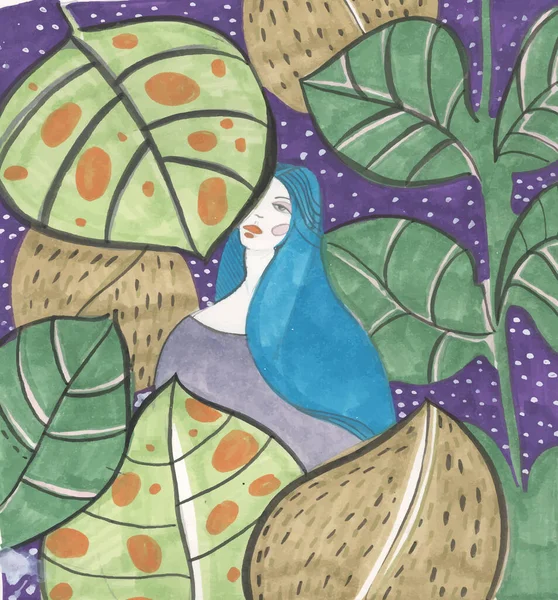 热带森林里的蓝头发姑娘紧靠着夜空离去 热带树叶图解为扁平型 — 图库照片
