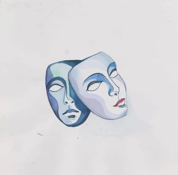 Original Illustration Theater Masks Comedy Tragedy Watercolor Style Isolated White — Stock Photo, Image