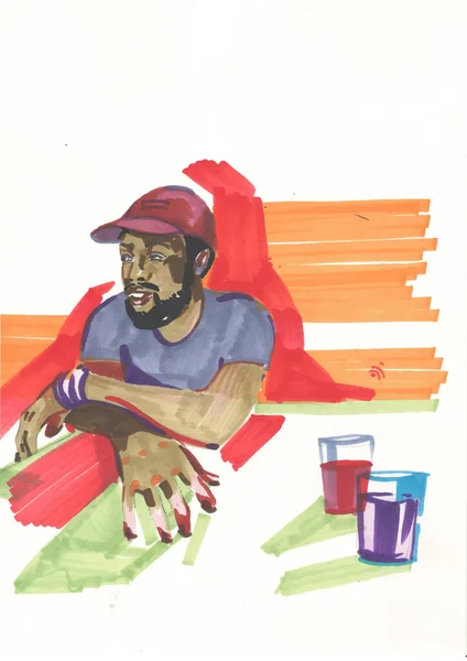 Грустный Проблемный Парень Баре Африканский Американец Красной Кепке Пьет Пиво — стоковое фото