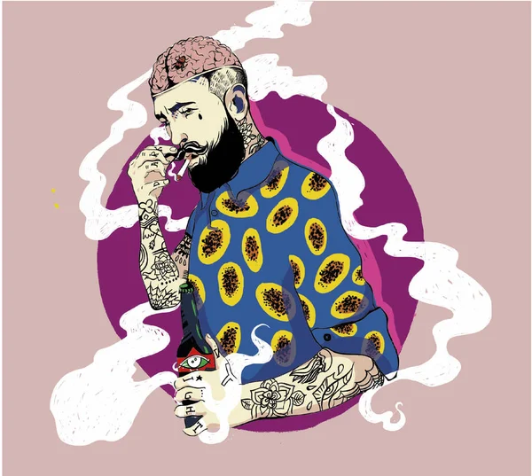 Homem Hipster Com Barba Tatuagens Fuma Cigarro Uma Camisa Manga — Fotografia de Stock