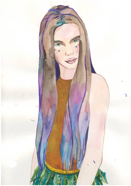 Beautiful Woman Fashion Illustration Watercolor Painting Portrait Girl Color Hair — Stock Photo, Image