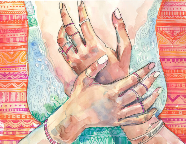 Woman Watercolor Hands Rings Holding Next Breast — Stock Photo, Image