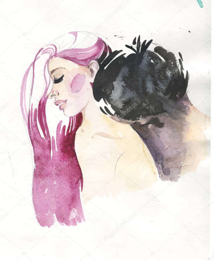 the concept of a romantic stroll. A man kisses a girl in the neck. Watercolor illustration caucasian man and pink hair woman isolated on white