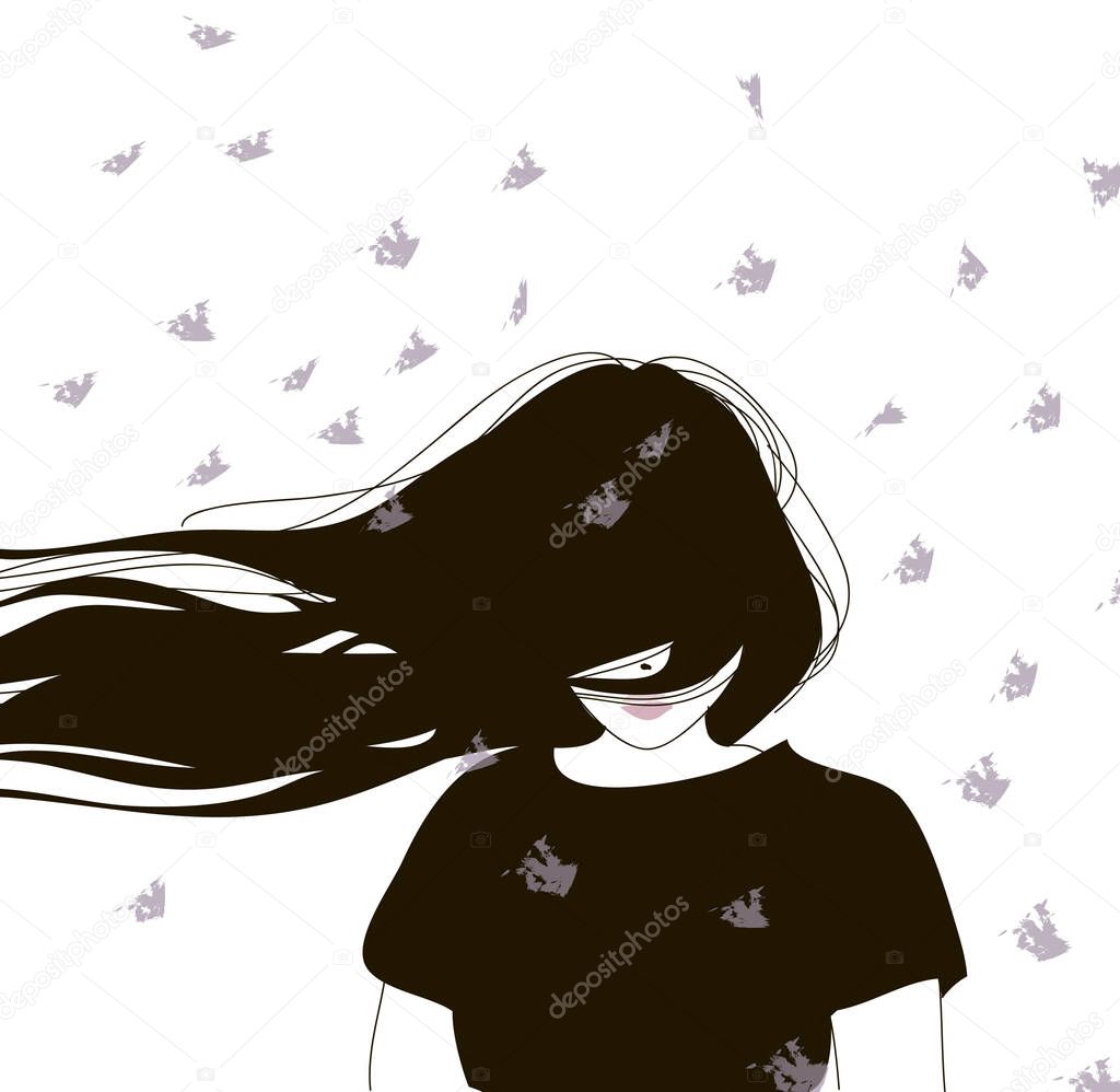 Portrait of a girl with long hair. Face with closed hair. Isolated on white background illustration. Fluff flying.