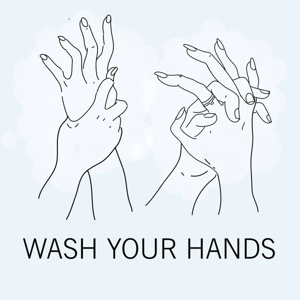 Hand washing with soap icon. Lettering Wash Your Hands. Hand drawn illustration of black color, isolated on white background.