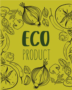 Çemberin farklı karalama sebze el çizimi basit çizim taslağı ve sebze tasarımının yumuşak gölge cazibesi. Metin eko çarpımıyla illüstrasyon