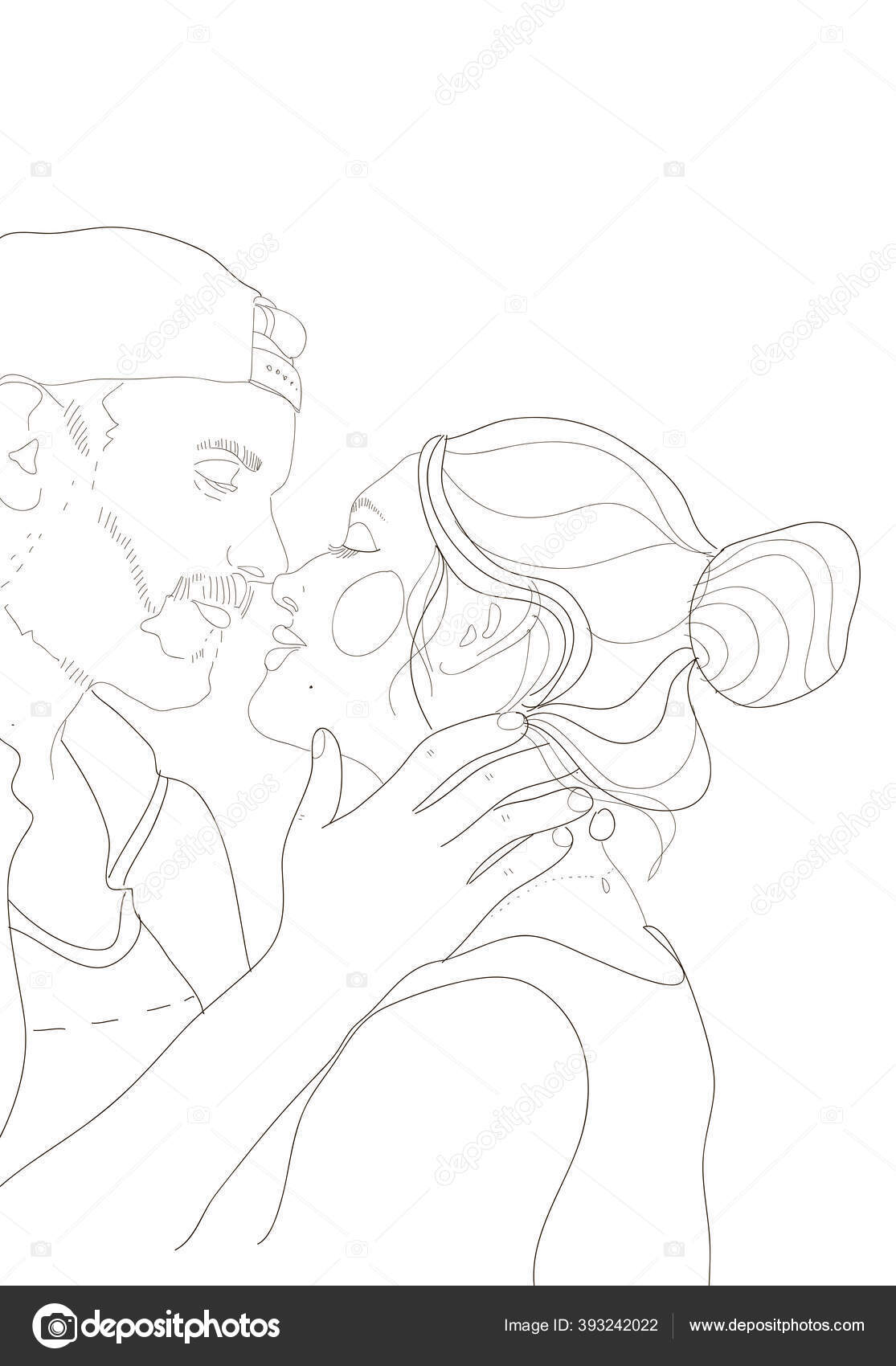 2人の恋人のロマンチックなキスの連続1行を描きました カップルを受け入れ キスを愛し バレンタインデー 愛の女性と男性 キスの頭—  ストックイラストレーション by © cvengerkristina@gmail.com #393242022, image size:1115x1700
