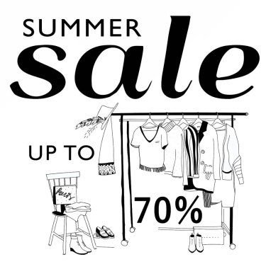 Odanın içindeki elbise askılarının ana hatlarını çiz, elle çizim yap, çizim yap. Yazın% 70 'e kadar metin satışı yap.