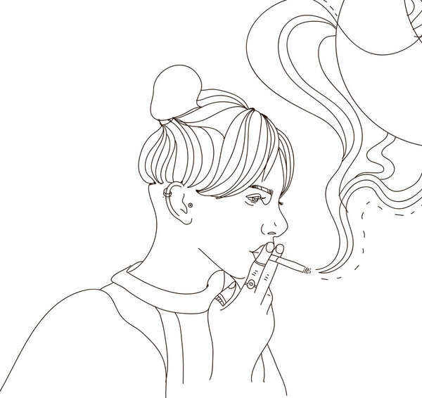 Smoking Woman Cigarette One Line Art Drawing Girl Smoke Minimal Stock Picture