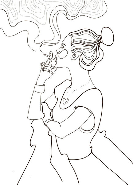 Smoking Woman Cigarette One Line Art Drawing Girl Smoke Minimal Stock Image