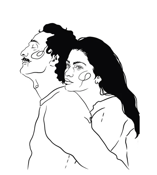 Young caucasian woman with long hair hugging a man with curly hair and mustache from behind. Look of a couple. Man and woman. Hugging couple lines of painting. Love line of art illustration
