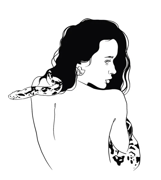 Portretprofiel Vrouw Met Slangen Body Line Art Illustratie Minimalistische Mensen Rechtenvrije Stockfoto's