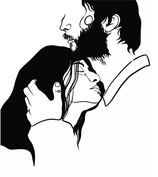 Romantic Hugging Couple Line Illustration Relationship Love Print Minimalist People Stock Picture