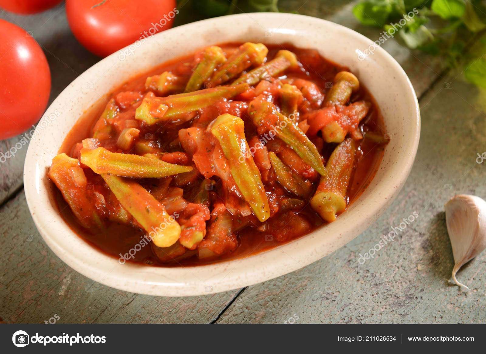 Okra Dish Tomatoes Traditional Greek Romanian Bulgarian Turkish Dish