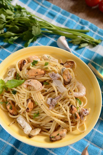 Deliciosa Pasta Espaguetis Con Mariscos Plato —  Fotos de Stock