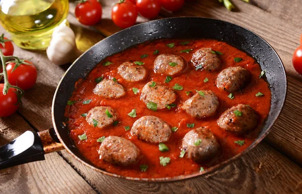 Bolas Carne Molho Tomate Frigideira — Fotografia de Stock